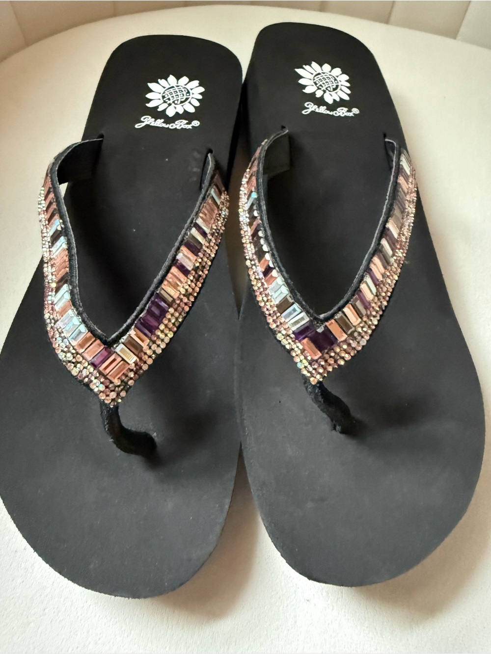 Yellow Box Beaded Black Women's Flip Flop Sandals with pink, purple bling size 8